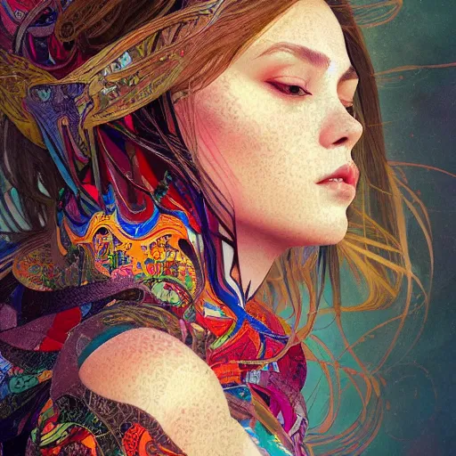 Prompt: hyperdetailed portrait of beautiful knigt girl. sharp foccus ilustration, artstation hq. intricate, elegant. wlop, greg rutkowski, alphonse mucha, full height. louise zhang. geometric background. abstract decollage painting. colorful. psychedelic. wrapped paper. contest winner