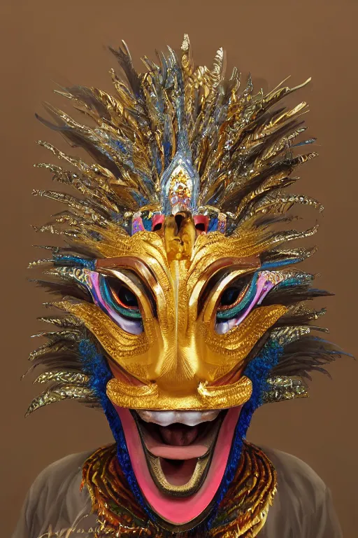 Prompt: masterful fantastic realist painting an exotic ancient feathered and bejeweled bird wearing an exquisite and fiercely painted bugaku mask of a tiger, gold chains strung like tinsel, digital painting trending on artstation, viciously blinded, shimmering opal, volumetric lighting and mist, cosplay, portrait painting, hyperrealistic, octane render