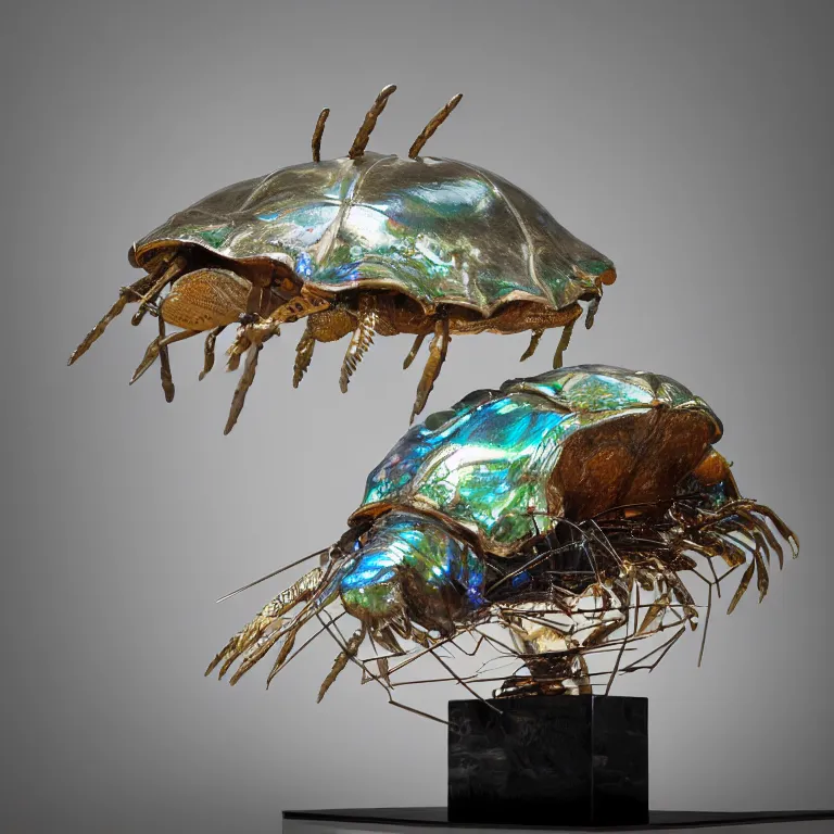 Prompt: hyperrealistic sculpture of an wrought iron horseshoe crab fossil encased in a solid cube of iridescent glass on a pedestal by ron mueck and duane hanson and damien hirst, hyperrealistic dramatic colored lighting trending on artstation 8 k