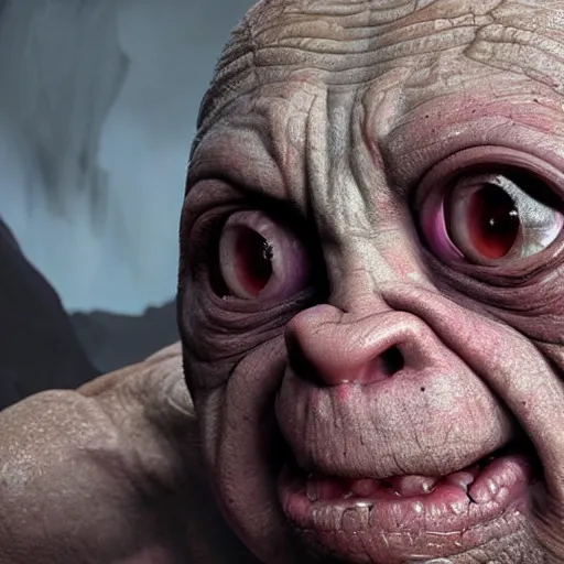 Image similar to hyperrealistic mixed media high resolution painting of Danny DeVito Gollum perched in a dark cave, stunning 3d render inspired art by Jamie Salmon and István Sándorfi and Unreal Engine and Greg Rutkowski, perfect facial symmetry, dim volumetric lighting, 8k octane beautifully detailed render, full body shot, post-processing, extremely hyper-detailed, intricate, epic composition, highly detailed attributes, highly detailed atmosphere, cinematic lighting, masterpiece, trending on artstation, very very detailed, masterpiece, stunning, flawless completion, lifelike texture, perfection,