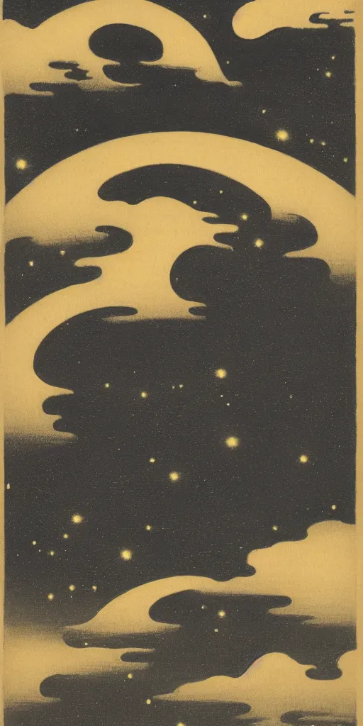 Prompt: night sky by ohara koson, 1 9 1 0