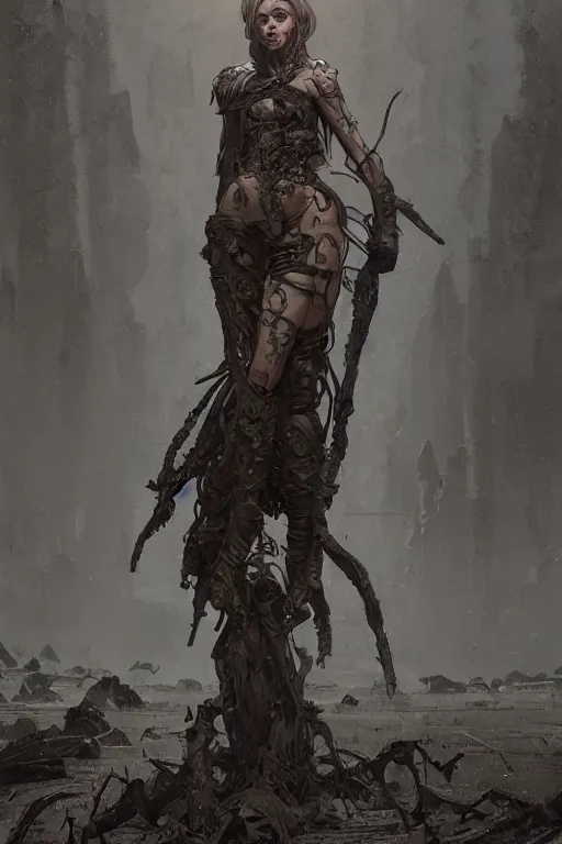 Image similar to a full body portrait of a beautiful post apocalyptic offworld nordic necromancer reposed by the mud pits, intricate, elegant, highly detailed, digital painting, artstation, concept art, smooth, sharp focus, illustration, art by krenz cushart and artem demura and alphonse mucha