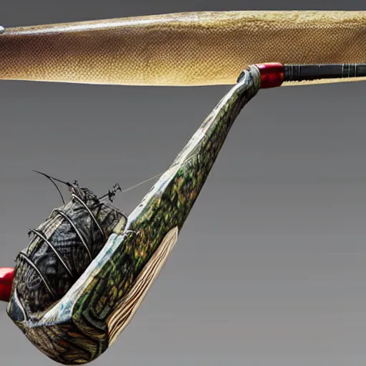 Image similar to fishing rod from a fantasy video game, white background, museum presentation