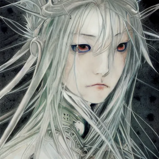 Image similar to yoshitaka amano blurred and dreamy realistic illustration of an anime girl with wavy white hair and cracks on her face wearing elden ring armour with the cape fluttering in the wind, abstract black and white patterns on the background, noisy film grain effect, highly detailed, renaissance oil painting, weird portrait angle