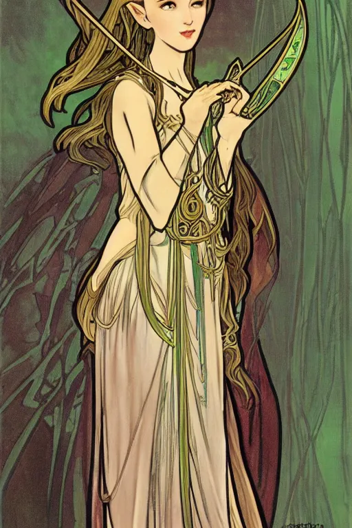 Image similar to A female Sindarin elf in the style of Alphonse Mucha