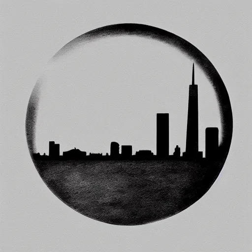 Prompt: a perfect circle where the inside is empty blank space and around the outer edge of the circle is the silhouette of a city skyline, black and white, minimalist, in the style of a charcoal drawing, made by david mellen