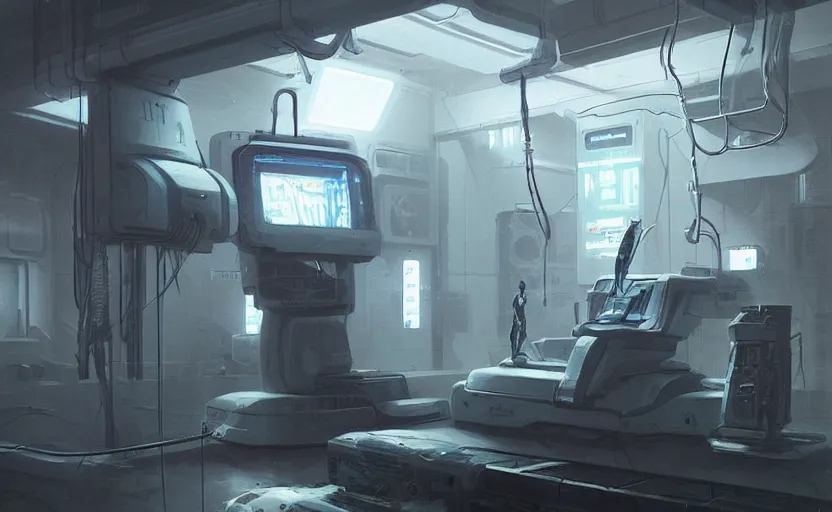 Image similar to details of a neon surgery scanning machine cyberpunk futuristic, in a white room, art by giger, greg rutkowski