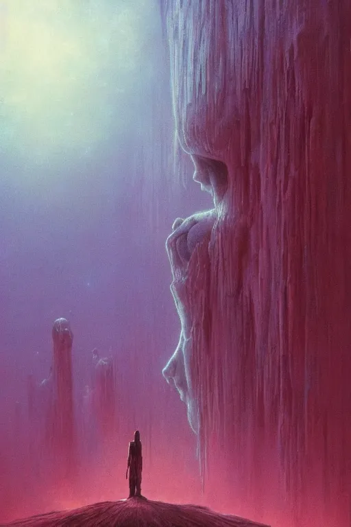 Image similar to 🔥::3, dreamlike, psychedelic, otherworldly, weird, cyberpunk, vaporware, interesting details, volumetric lighting, dramatic, fantasy, by Moebius, by zdzisław beksiński, Fantasy LUT, epic composition, 8k,