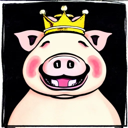 Prompt: comic art of a cute obese pig smiling in a black shirt wearing a crown eating snacks, drawn by Bruce MacKinnon, 4K