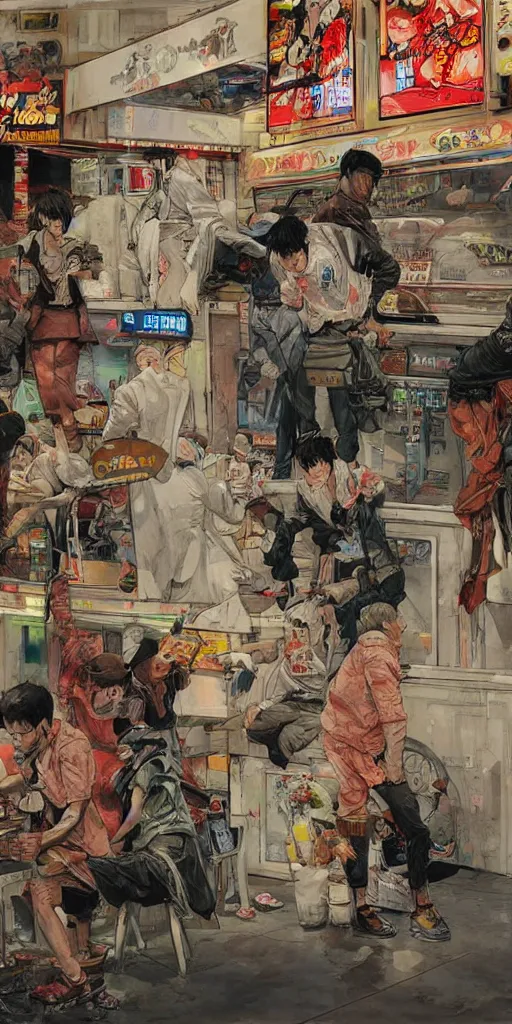 Image similar to oil painting scene from amusement arcade by kim jung gi