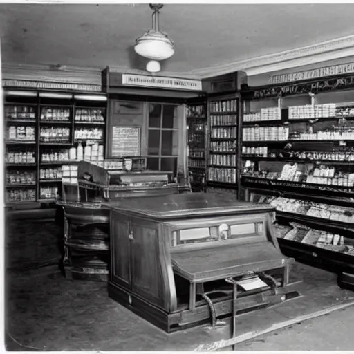 Image similar to the inside of a 1 9 2 8 grocery store with a national cash register from 1 9 0 4 on the desk. hyper - realistic, realistic photo