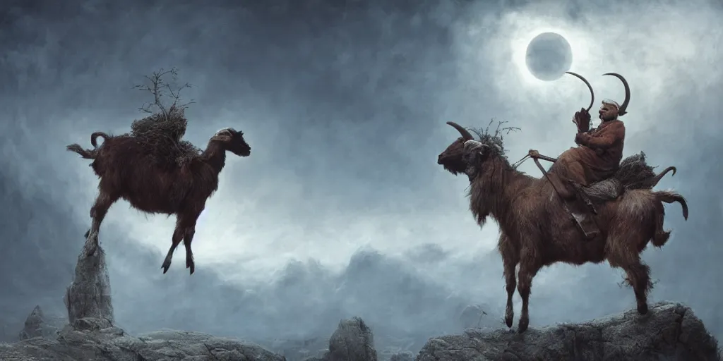 Prompt: a goat riding jack nicholson, design sheet, Les Edwards, Zdzislaw Beksinski, Carl Gustav Carus, John Harris, Michal Karcz, Zhang Kechun, Mikko Lagerstedt, Scott Listfield, Steven Outram, Jessica Rossier.