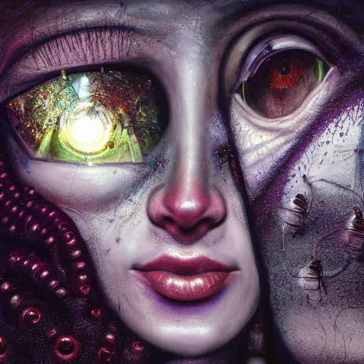 Prompt: full face close up portrait, visions of chaos in a thriving dystopia, by peter woodroffe, by igor morski, by laurie lipton, in a cyber - punk ally, cinematic lighting, volumetric lighting, neosurrealism, realistic shadows, particle effects, rendered in octane, punk, electric, cosmic, cybernetic