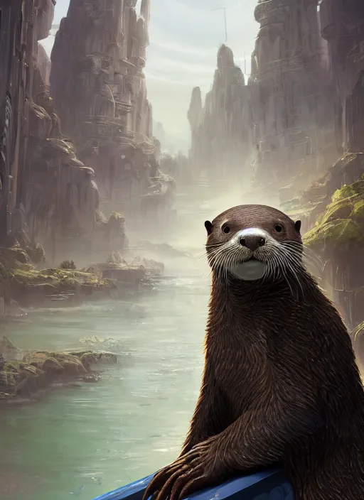 Prompt: portrait, anthropomorphic otter fursona wearing Jedi robes in a futuristic river town. Dramatic lighting, cinematic, establishing shot, extremely high detail, photo realistic, post processed, artstation, matte painting, style by eddie mendoza, raphael lacoste, alex ross