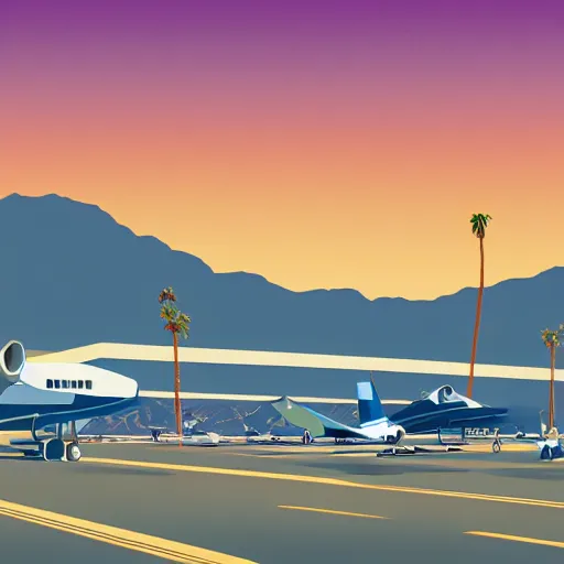 Image similar to a beautiful illustration of palm springs airport by James gilleard, artstation HD, airplanes, geometric lines, HD, 4k, 8k