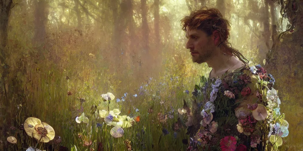 Prompt: hyperrealist portrait of a sad man covered in a dress of flowers, moss and fungi. by jeremy mann and alphonse mucha, fantasy art, photo realistic, dynamic lighting, artstation, poster, volumetric lighting, very detailed faces, 4 k, award winning