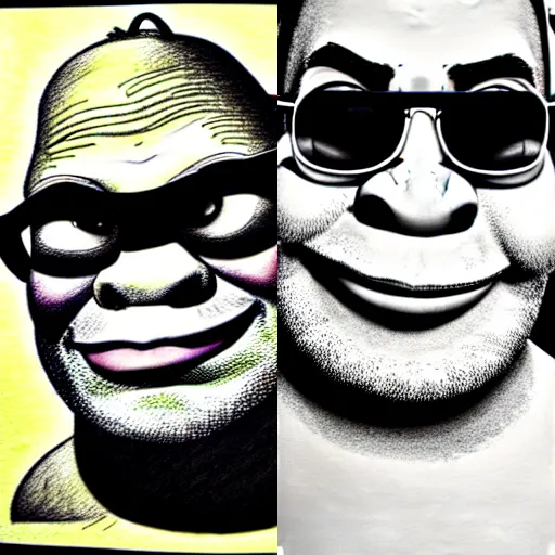 Prompt: portrait shrek in sunglasses, realistic, ink, line drawing, sketch, fineart