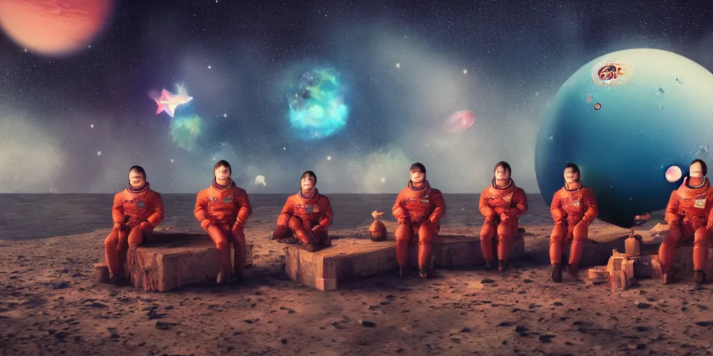 Image similar to twelve cosmonauts sitting by the river with a big holiday cake + octane render + ue 5 + planets and stars + mystical fog + psychedelic colors + super detail, high quality