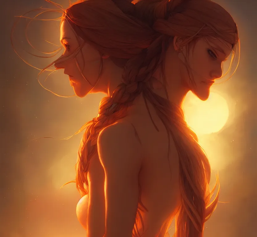 Image similar to long ginger hair, tanned woman in a prehistoric outfit, by artgerm, hair tied in a ponytail, soft lighting, night scene, by greg rutkowski makoto shinkai takashi takeuchi