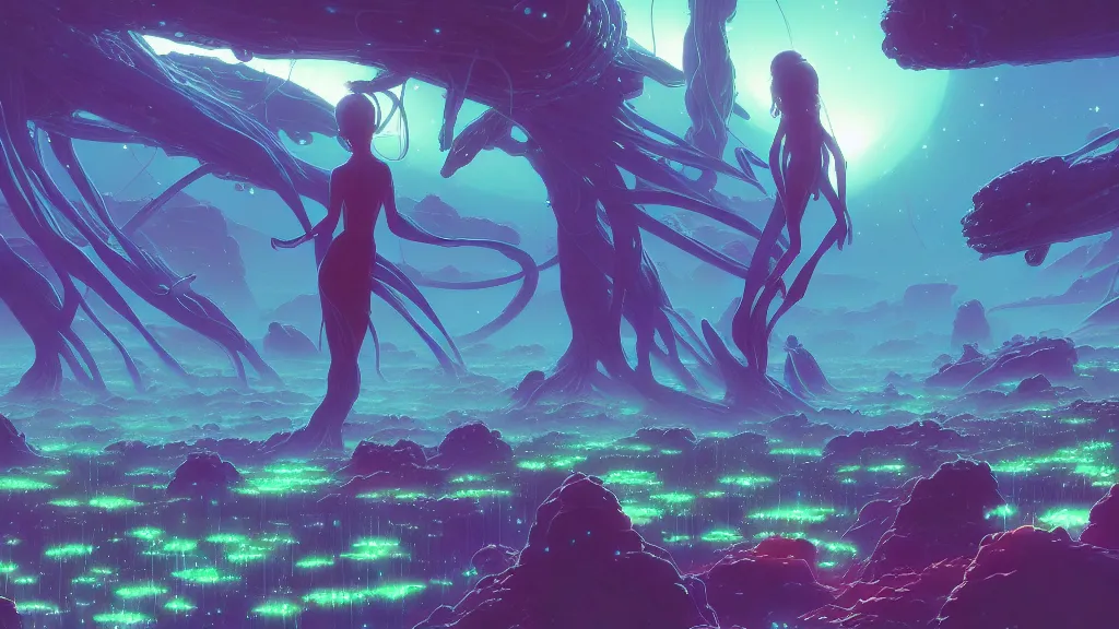 Prompt: sci - fi bioluminescent alien landscape, exotic flora and fauna, ilya kuvshinov, kyoani, artgerm, krenz cushart, hiroaki samura, yoshinari yoh, james jean, katsuhiro otomo, erik jones, cel shaded, anime poster