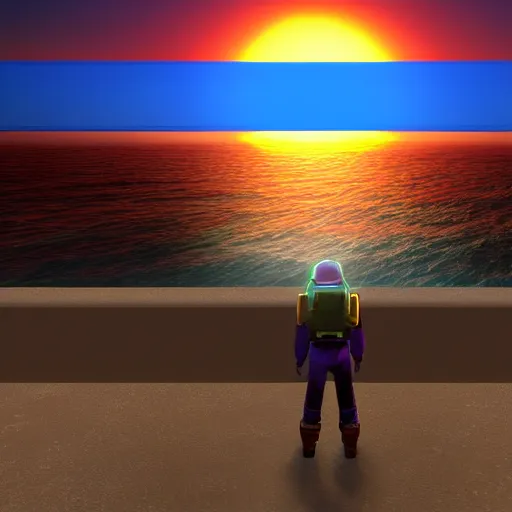 Image similar to high quality photo of star fox looking out at the ocean at sunset realism 8k award winning photo