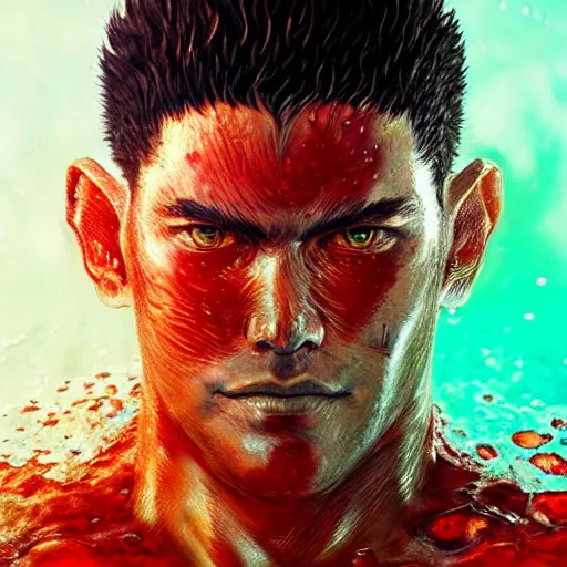 Image similar to portrait of guts from berserk submerged in red water, extremely detailed, made by wlop, maxwell boas, Naranbaatar Ganbold