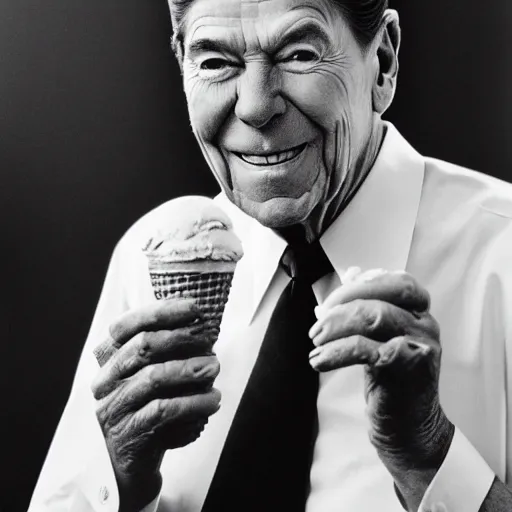 Image similar to ronald reagan enjoying an ice cream cone, monochrome 4 k