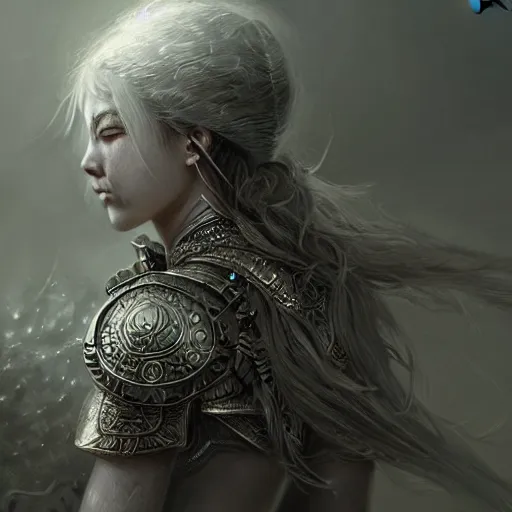 Image similar to beautiful extremely detailed intricate concept art depicting a warrior by wlop. shining jewelry. grey atmosphere. bcy. net