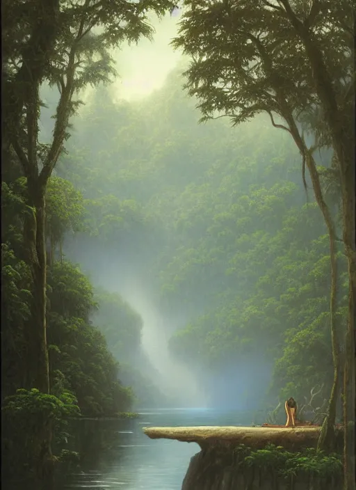 Image similar to a meditation near a river in the amazon jungle, gazing at the water, highly detailed, art by christophe vacher