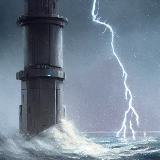 Image similar to star wars concept art by greg rutkowski, a brutalist giant tower in the shape of a lighthouse in the middle of a raging and stormy ocean, lightning storm and gale force winds, dark environment, dramatic atmosphere, artstation hq.