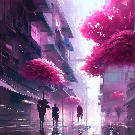 Prompt: a painting of a city street with pink flowers, cyberpunk art by wadim kashin, cgsociety, panfuturism, cityscape, dystopian art, anime aesthetic