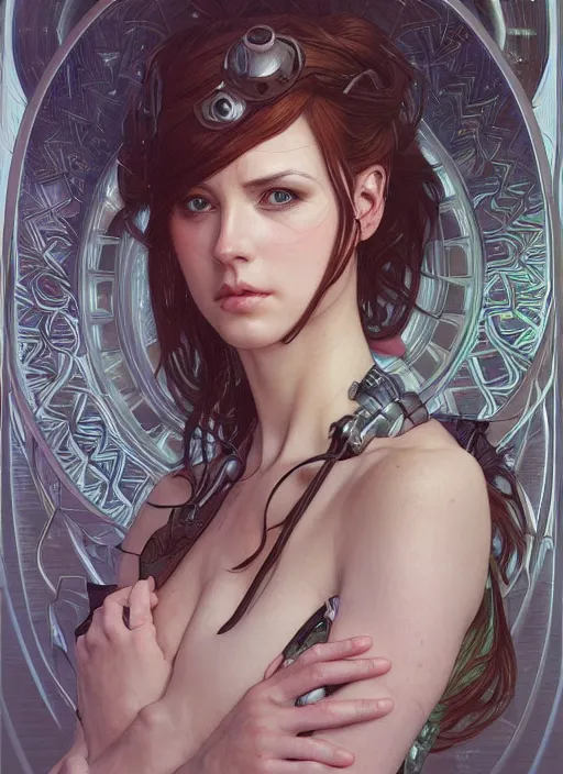 Image similar to beautiful young woman cyberpunk woman, portrait, intricate, elegant, highly detailed, centered, digital painting, artstation, concept art, smooth, sharp focus, illustration, art by artgerm and donato giancola and alphonse mucha