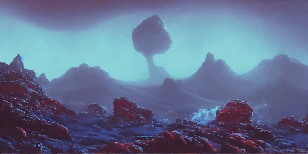 Prompt: ”rising from a round pool while being chased by tentacles, rugged alien planet with rocks, mountains in the background in a blue fog, side-view, [epic, cinematic, establishing shot, far, paul lehr, rutkowski]”