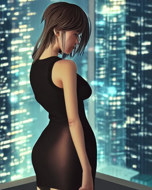 Prompt: back of young woman wearing a stylish black minidress looking through a penthouse window at a panoramic view of a cyberpunk city at night, bokeh lights, anime, ilya kuvshinov, guweiz, artstation trending, concept art, digital painting, cinematic, extreme detail, expansive