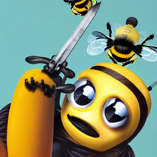 Image similar to scary looking bee holding a sword killing a stupid looking elon musk