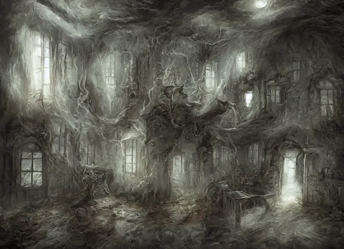 Image similar to a poltergeist inside a creepy house, fantasy art