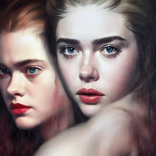Image similar to ultra realistic portrait painting of elle fanning, lily collins, scarlett johansson, as an outlaw, art by frank frazetta, vintage levi ’ s ad, stormy weather, dark vibes, 4 k, ultra realistic, highly detailed, epic lighting