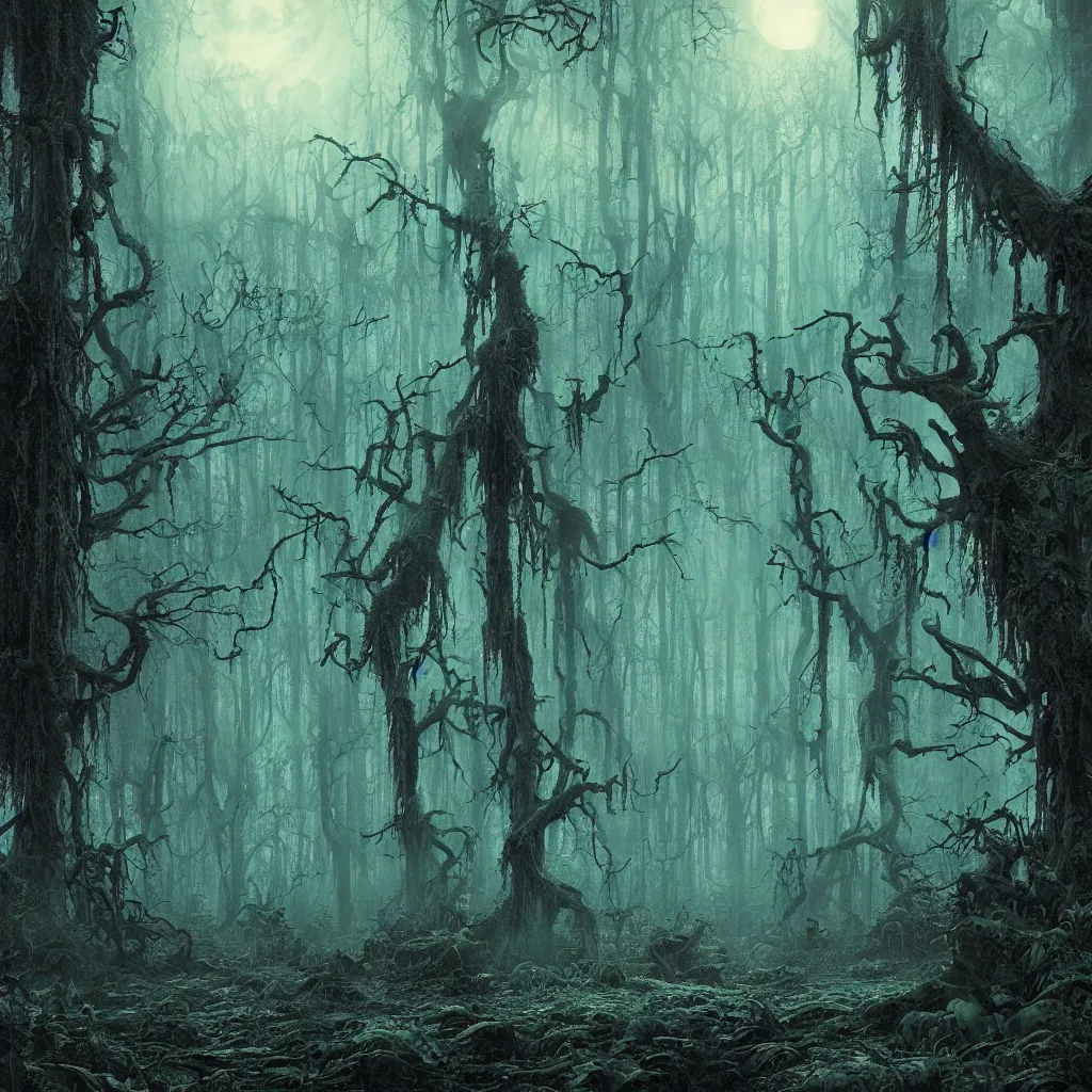 Image similar to a dark lush haunted swamp forest at night, upward cinematic angle, swamp horror, by Michael Kaluta, P. Craig Russell and Andreas Rocha, eerie moonlight, beautiful composition, intricate, elegant, digital art, detailed, mixed media painting, hyperrealistic, sharp focus, 8k