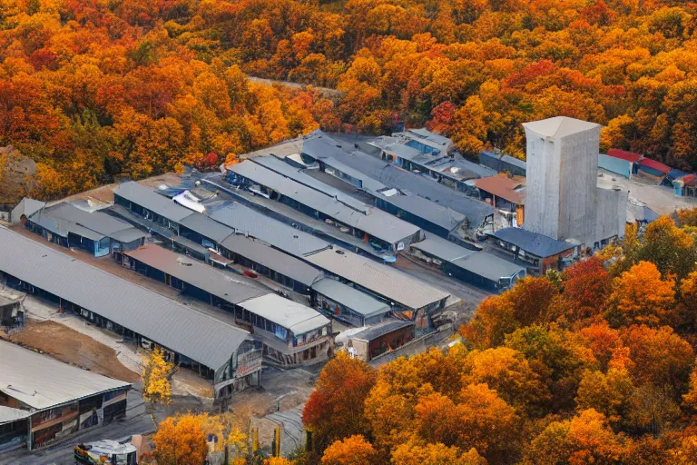 Prompt: warehouses on either side of a street, with an autumn hill directly behind, radio tower. Lens compression, photography, highly detailed