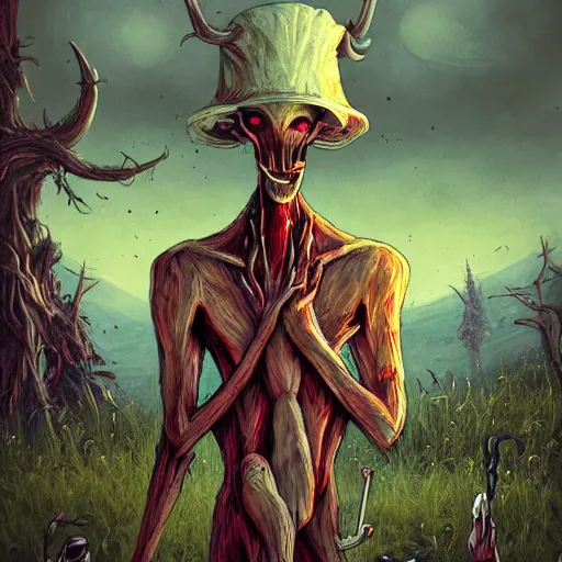 Image similar to 4 k headshot portrait of a psychedelic demonic anthropomorphic wendigo smoking a hand - rolled cigarette smoking heavily, magic mushroom village in background. award winning. superb resolution. in the art style of junji ito and greg rutkowski. detailed mushroom city in background. hyper realistic anime. perfect art. dalle 2