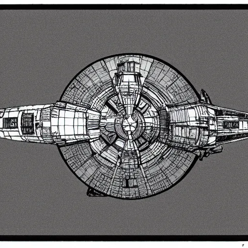 Image similar to The Millennium Falcon starting from the surface of a rocky planet as a monochrome drawing in Bauhaus style