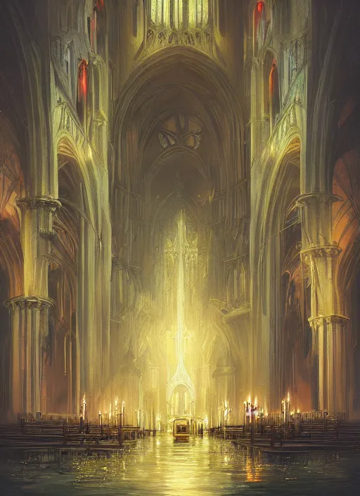 Image similar to Detailed Interior of a flooded cathedral, light of god, light shafts, candles, stunning atmosphere, in Style of Peter Mohrbacher, cinematic lighting