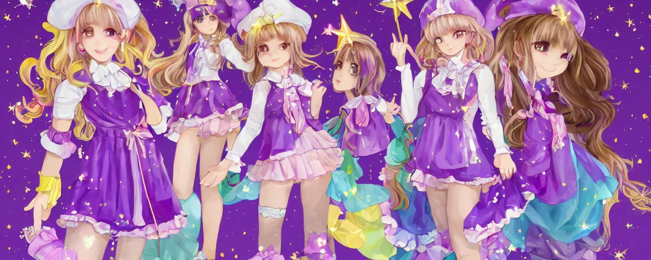 Prompt: A character sheet of full body cute magical girls with short blond hair wearing an oversized purple Beret, Purple overall shorts, Short Puffy pants made of silk, pointy jester shoes, a big billowy scarf, and white leggings. Rainbow accessories all over. Flowing fabric. Golden Ribbon. Covered in stars. Fancy Dress. Jasmine Pants. Lolita Dress. Short Hair. Art by william-adolphe bouguereau and Paul Delaroche and Alexandre Cabanel and Lawrence Alma-Tadema and WLOP and Artgerm. Fashion Photography. Decora Fashion. harajuku street fashion. Kawaii Design. Intricate, elegant, Highly Detailed. Smooth, Sharp Focus, Illustration Photo real. realistic. Hyper Realistic. Sunlit. Moonlight. Dreamlike. Fantasy Concept Art. Surrounded by clouds. Artist Clothes. Painter Clothes. Dreamer. 4K. UHD. Denoise.