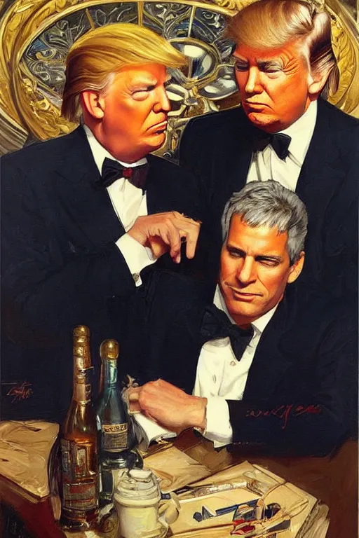 Image similar to donald trump and jeffrey epstein, painting by jc leyendecker!! phil hale!, angular, brush strokes, painterly, vintage, crisp