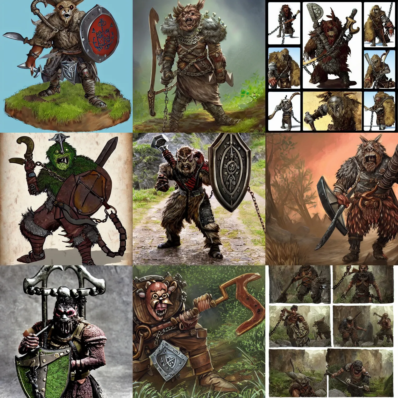 Prompt: d & d, short haired bugbear wielding rusty cleaver with chains and a shield, large backpack and and a greatsword wearing mossy rags and a poorly fitted helmet and chestplate