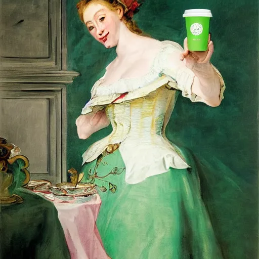 Image similar to eavenly summer sharp land sphere scallop well dressed lady holding a tall paper cup coffee, auslese, by peter paul rubens and eugene delacroix and karol bak, hyperrealism, digital illustration, fauvist, tall paper cup coffee, green coffee logo