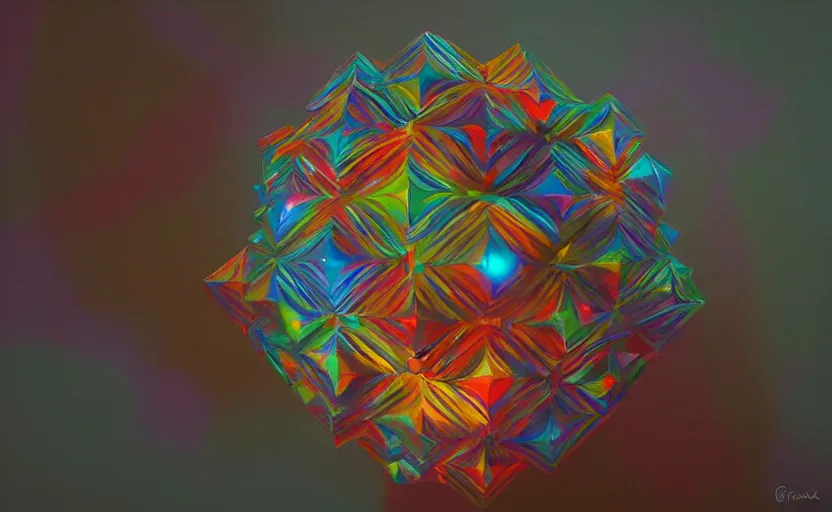 Image similar to a painting of a sierpinski icosahedron trending on artstation in the style of greg rutkowski, 3 d, fractal, 4 d, endless, rainbow, geometric