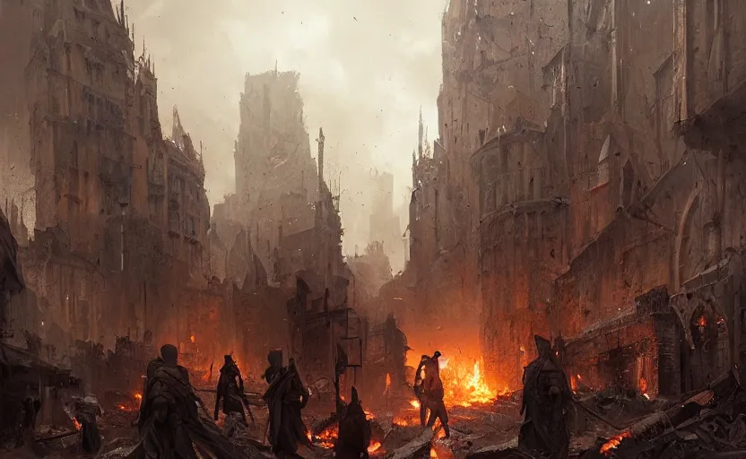 Image similar to a painting of a cinematic keyframe of walking into a destroyed medieval city, with fire, by greg rutkowski, rule of three, artgerm, artstation, highly detailed masterpiece, dark fantasy art, high detail