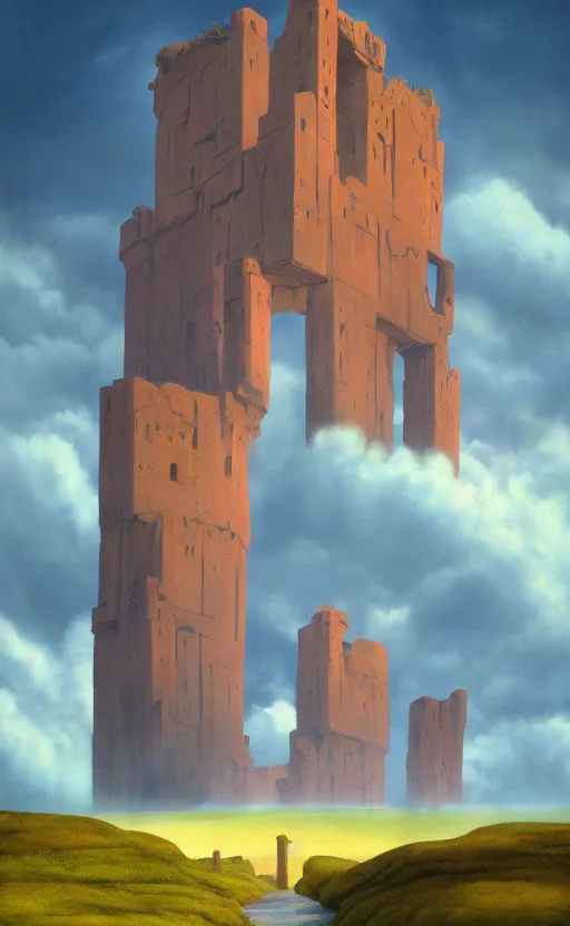 Image similar to hyperrealist painting of a giant flying cube from howl's moving castle ( 2 0 0 4 ) in a flooded monument valley stonehenge jungle. 1 9 7 0 s science fiction, moody, misty, depth perception, 4 k, artstation, in the style of studio ghibli