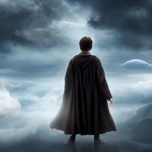 Image similar to Harry potter upright and levitating, back view, thunderclouds, cinematic shot, epic scale, waving robe photorealistic detail and quality, movie still, nighttime, crescent moon, sharp and clear, action shot, intense scene, visually coherent, symmetry, rule of thirds, movement, vivid colors, award winning, directed by Steven Spielberg, Christopher Nolan, Tooth Wu, Asher Duran, Greg Rutkowski